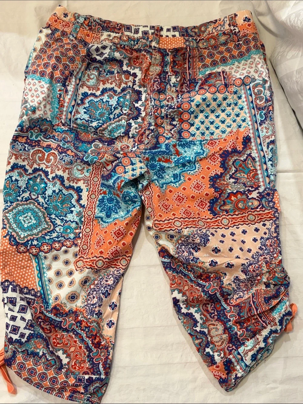 Chico's Coral & Teal Patchwork Print Bermuda Shorts